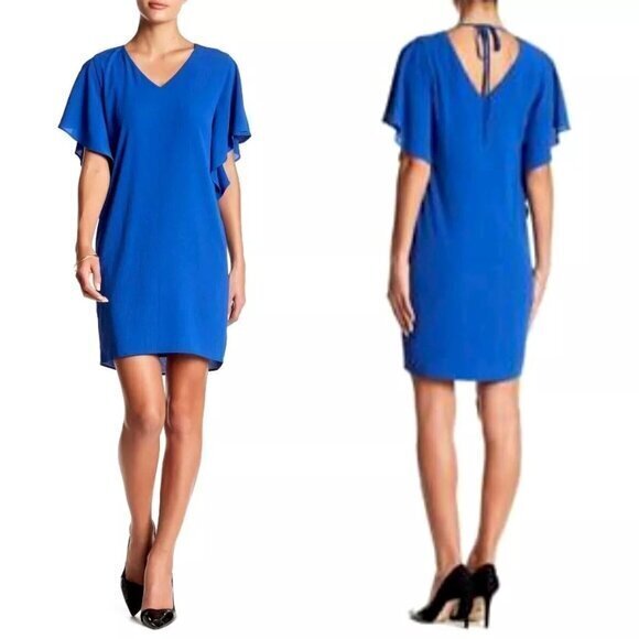 "NWT" Eliza J. Blue Flutter Sleeve V-Neck Tie Back Shift Dress-‎ Women's Size 4 - Picture 1 of 11